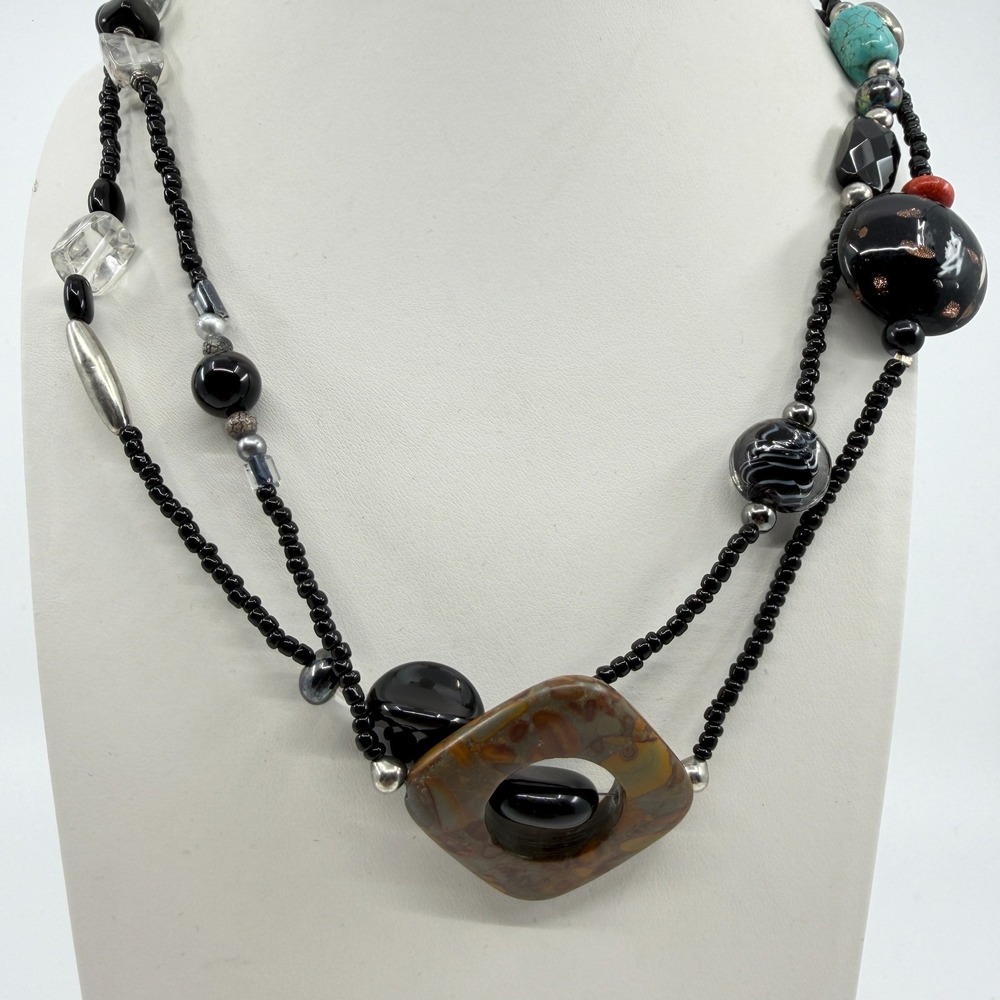 Boho Multi-Strand Statement Necklace with Earthy Stones & Black Beads
